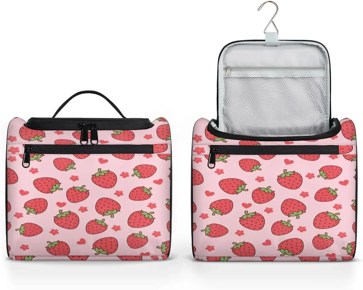 Hanging Travel Toiletry Bag for Women Men Makeup Bag Organizer Pink Cute Fruit Floral Heart Strawberry Large Cosmetic Bag Waterproof Dopp Kit Travel Bag for Toiletries Accessories Essentials