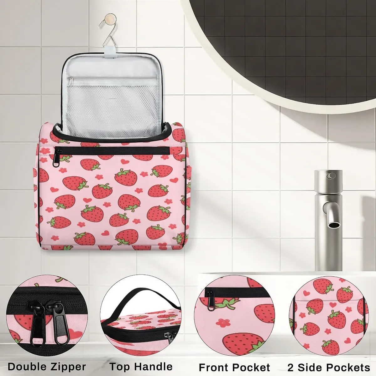Hanging Travel Toiletry Bag for Women Men Makeup Bag Organizer Pink Cute Fruit Floral Heart Strawberry Large Cosmetic Bag Waterproof Dopp Kit Travel Bag for Toiletries Accessories Essentials