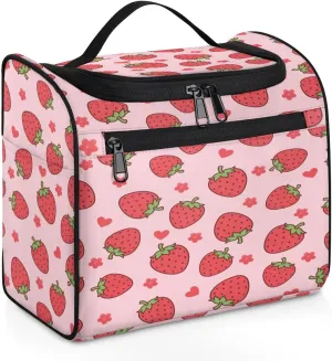 Hanging Travel Toiletry Bag for Women Men Makeup Bag Organizer Pink Cute Fruit Floral Heart Strawberry Large Cosmetic Bag Waterproof Dopp Kit Travel Bag for Toiletries Accessories Essentials