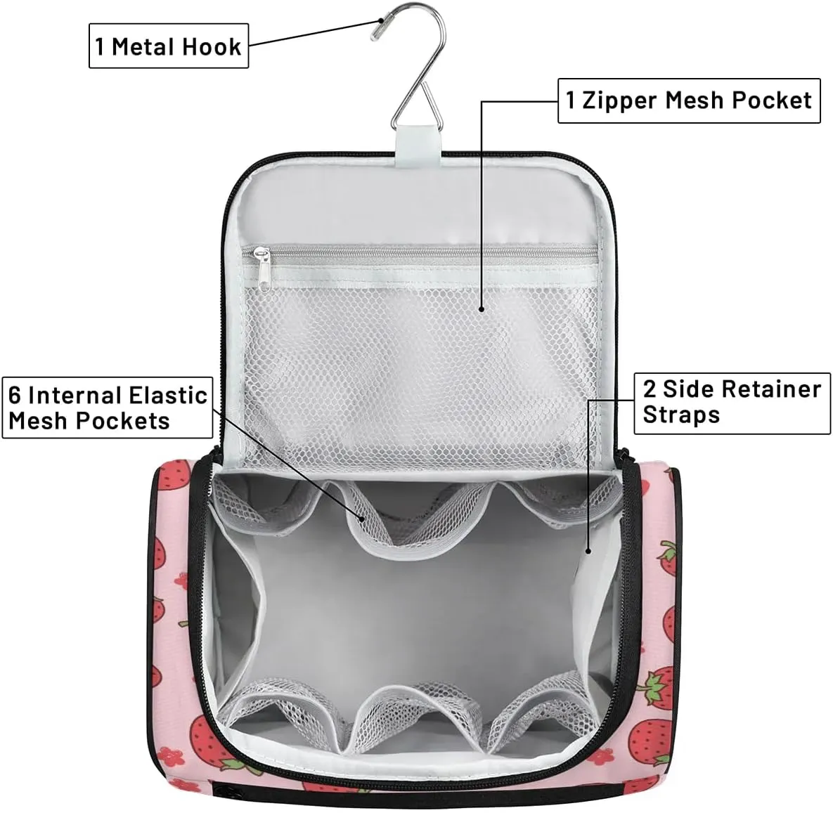 Hanging Travel Toiletry Bag for Women Men Makeup Bag Organizer Pink Cute Fruit Floral Heart Strawberry Large Cosmetic Bag Waterproof Dopp Kit Travel Bag for Toiletries Accessories Essentials