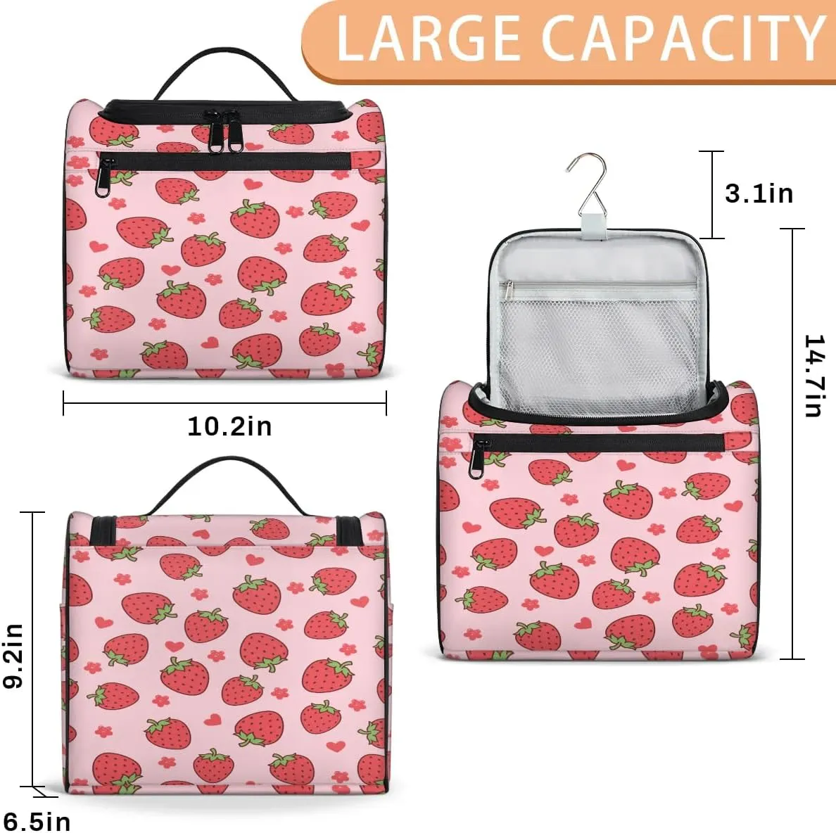Hanging Travel Toiletry Bag for Women Men Makeup Bag Organizer Pink Cute Fruit Floral Heart Strawberry Large Cosmetic Bag Waterproof Dopp Kit Travel Bag for Toiletries Accessories Essentials