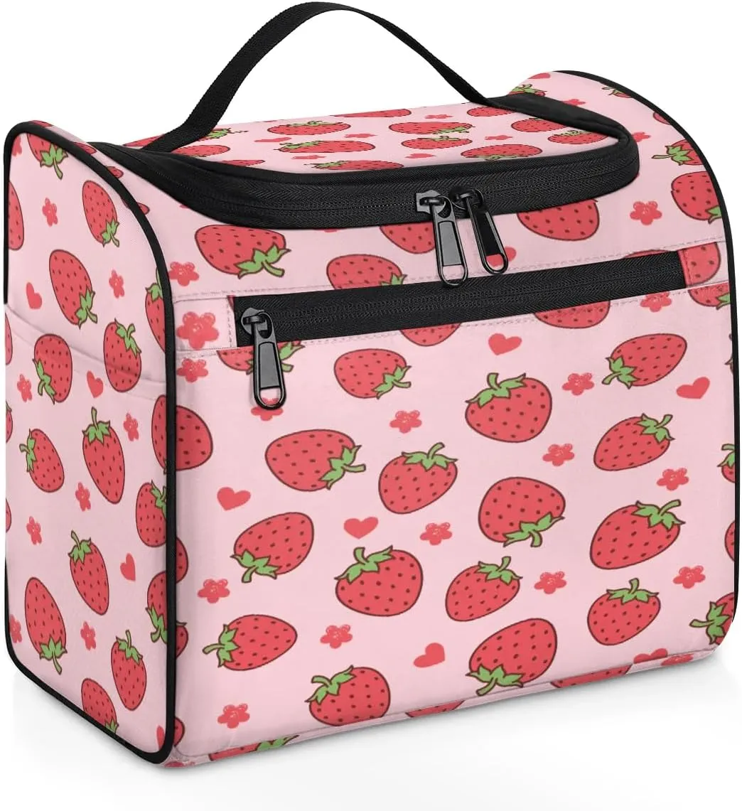 Hanging Travel Toiletry Bag for Women Men Makeup Bag Organizer Pink Cute Fruit Floral Heart Strawberry Large Cosmetic Bag Waterproof Dopp Kit Travel Bag for Toiletries Accessories Essentials