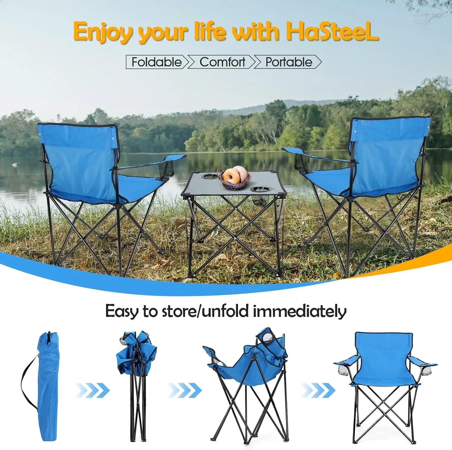 HaSteeL Folding Camping Chair Set of 3, Foldable Blue Camp Chairs & Grey Table, Large Lawn Chair Portable for Adults Hiking, Fishing, Picnic, Outdoor BBQ, Travel, Sports, Cup Holders & Storage Bags