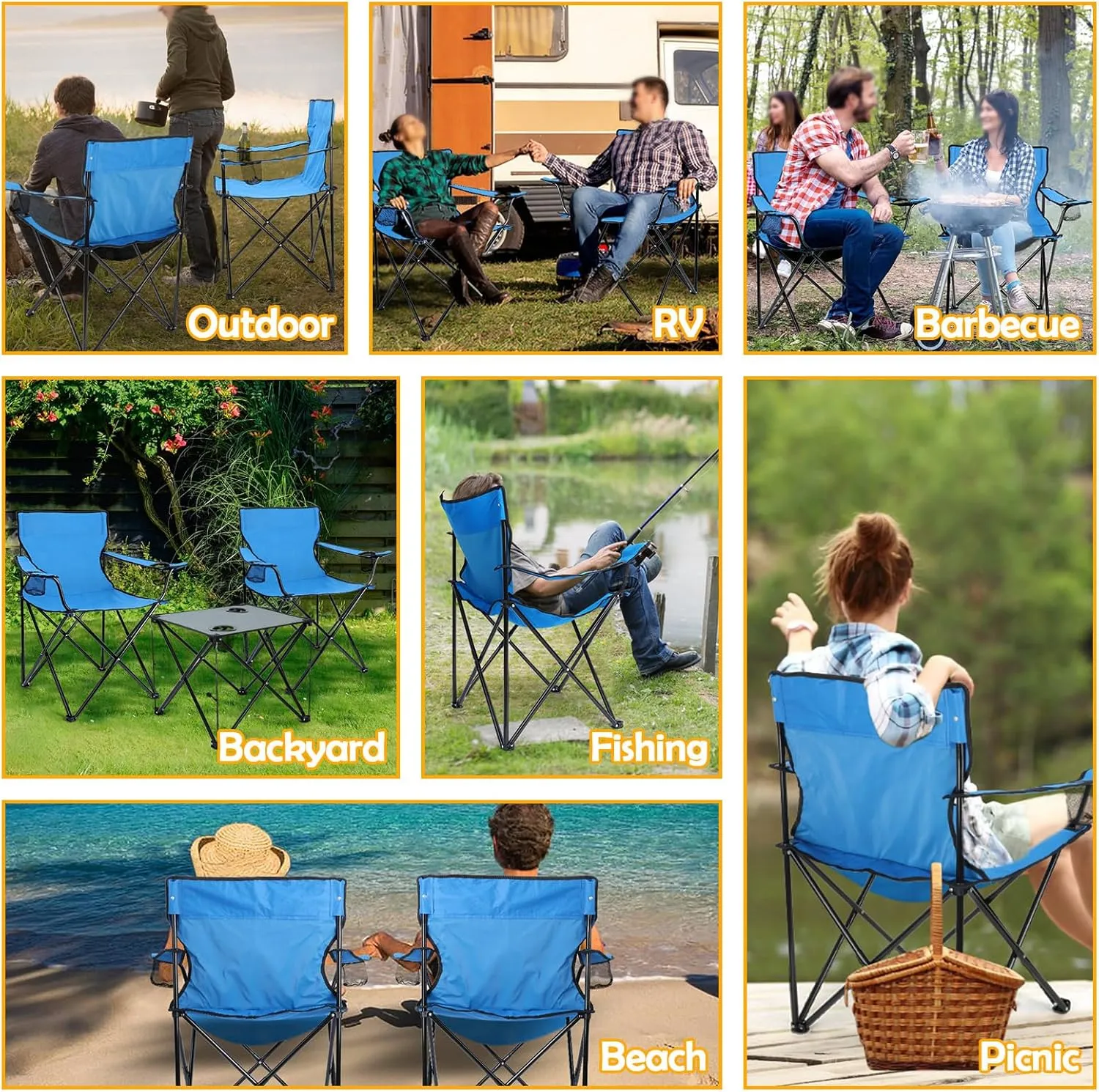 HaSteeL Folding Camping Chair Set of 3, Foldable Blue Camp Chairs & Grey Table, Large Lawn Chair Portable for Adults Hiking, Fishing, Picnic, Outdoor BBQ, Travel, Sports, Cup Holders & Storage Bags
