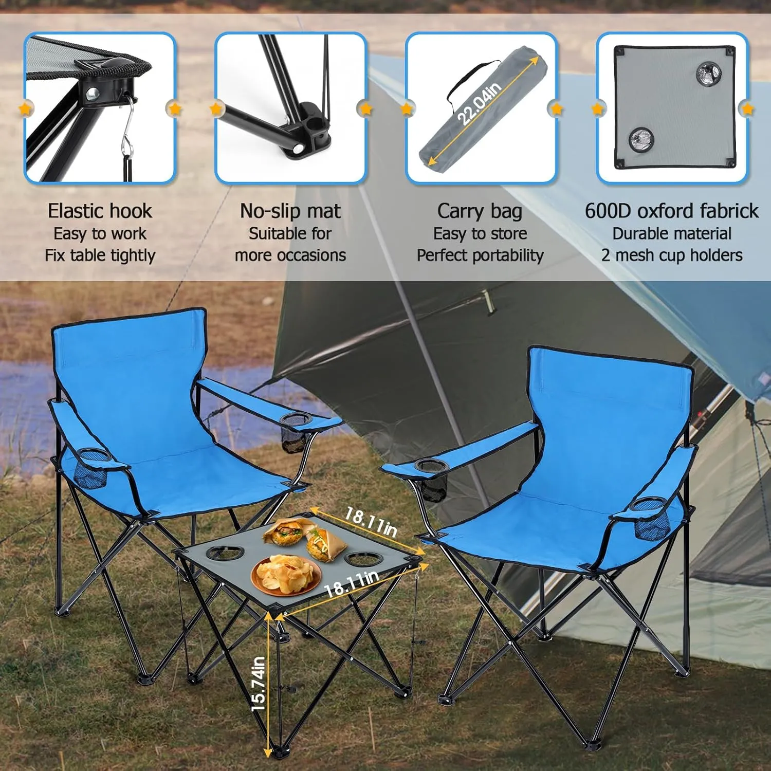 HaSteeL Folding Camping Chair Set of 3, Foldable Blue Camp Chairs & Grey Table, Large Lawn Chair Portable for Adults Hiking, Fishing, Picnic, Outdoor BBQ, Travel, Sports, Cup Holders & Storage Bags