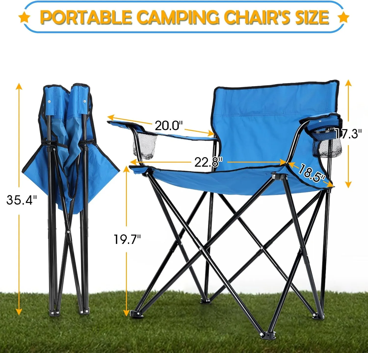 HaSteeL Folding Camping Chair Set of 3, Foldable Blue Camp Chairs & Grey Table, Large Lawn Chair Portable for Adults Hiking, Fishing, Picnic, Outdoor BBQ, Travel, Sports, Cup Holders & Storage Bags