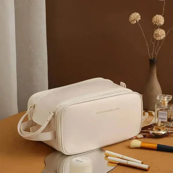 High-Capacity Double Zipper U-Shaped Cosmetic Bag in PU Leather