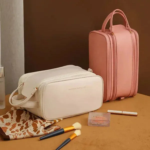 High-Capacity Double Zipper U-Shaped Cosmetic Bag in PU Leather