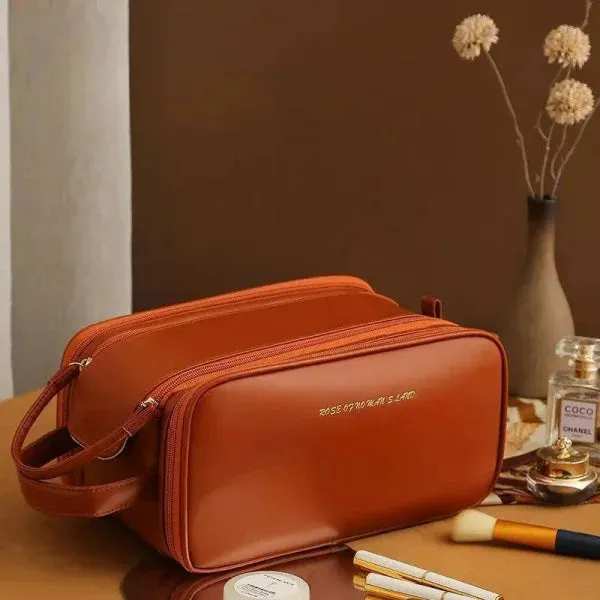 High-Capacity Double Zipper U-Shaped Cosmetic Bag in PU Leather