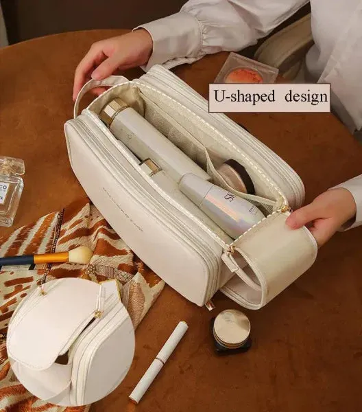 High-Capacity Double Zipper U-Shaped Cosmetic Bag in PU Leather