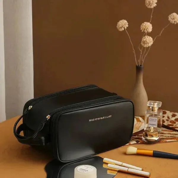 High-Capacity Double Zipper U-Shaped Cosmetic Bag in PU Leather