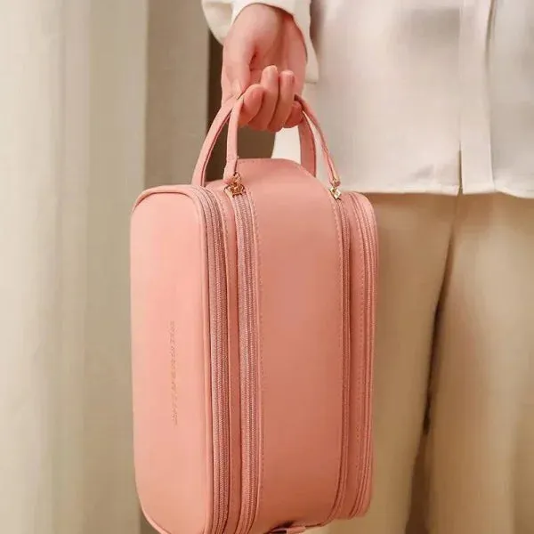 High-Capacity Double Zipper U-Shaped Cosmetic Bag in PU Leather