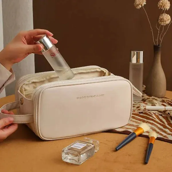 High-Capacity Double Zipper U-Shaped Cosmetic Bag in PU Leather