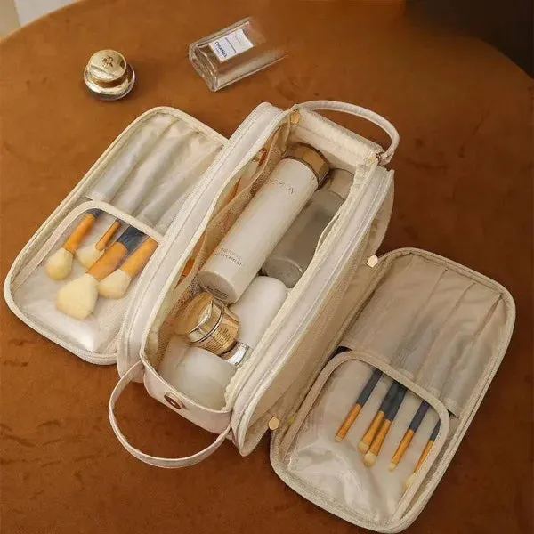 High-Capacity Double Zipper U-Shaped Cosmetic Bag in PU Leather