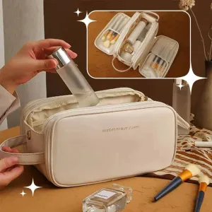 High-Capacity Double Zipper U-Shaped Cosmetic Bag in PU Leather