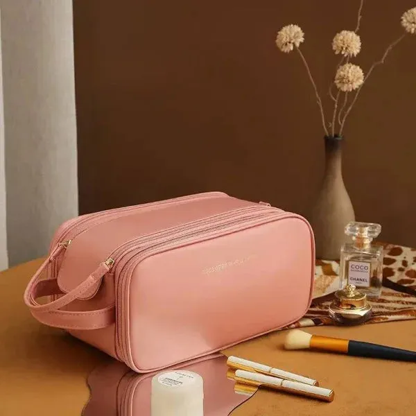 High-Capacity Double Zipper U-Shaped Cosmetic Bag in PU Leather