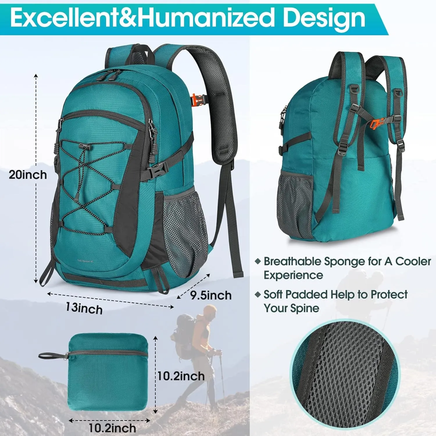 Hiking Backpack 40L Waterproof Camping Backpack Lightweight Packable Backpack for Women Men Outdoor Travel Daypack