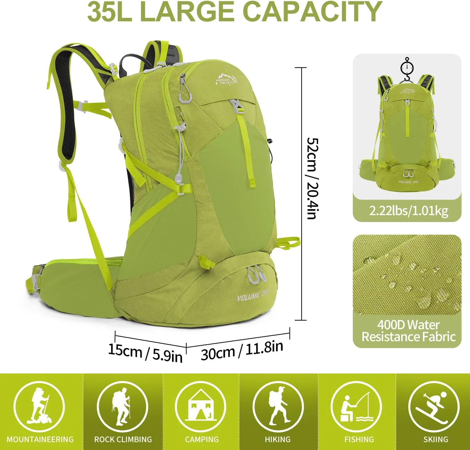 Hiking Backpack,35L Waterproof Hiking Daypack with 3L Water Bladder and Rain Cover, Lightweight Travel Camping Backpack for Men Women (Fruit green)