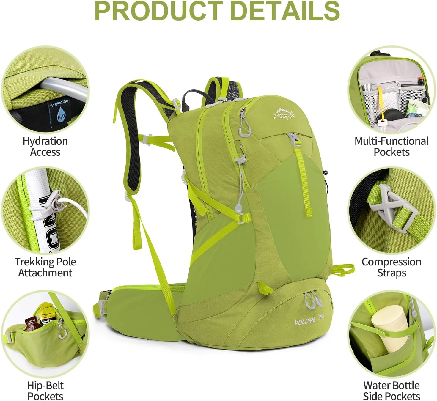 Hiking Backpack,35L Waterproof Hiking Daypack with 3L Water Bladder and Rain Cover, Lightweight Travel Camping Backpack for Men Women (Fruit green)