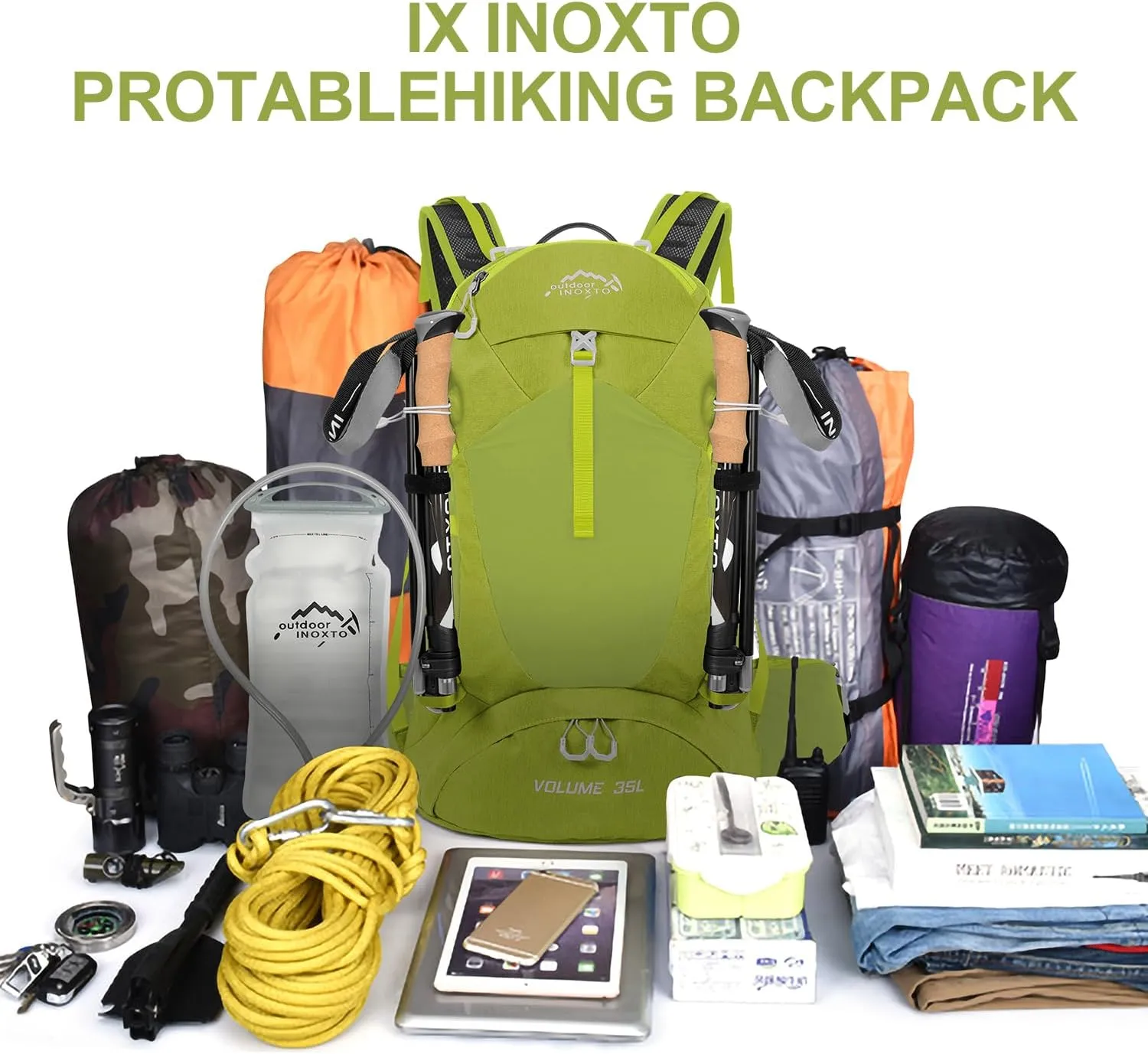 Hiking Backpack,35L Waterproof Hiking Daypack with 3L Water Bladder and Rain Cover, Lightweight Travel Camping Backpack for Men Women (Fruit green)