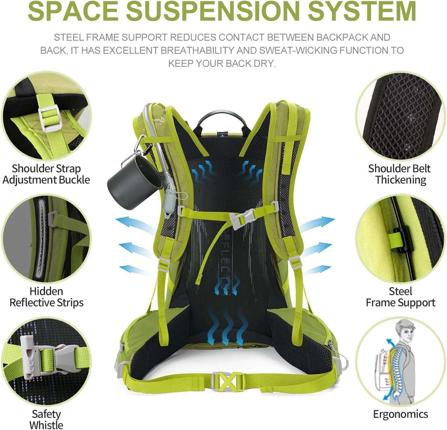 Hiking Backpack,35L Waterproof Hiking Daypack with 3L Water Bladder and Rain Cover, Lightweight Travel Camping Backpack for Men Women (Fruit green)