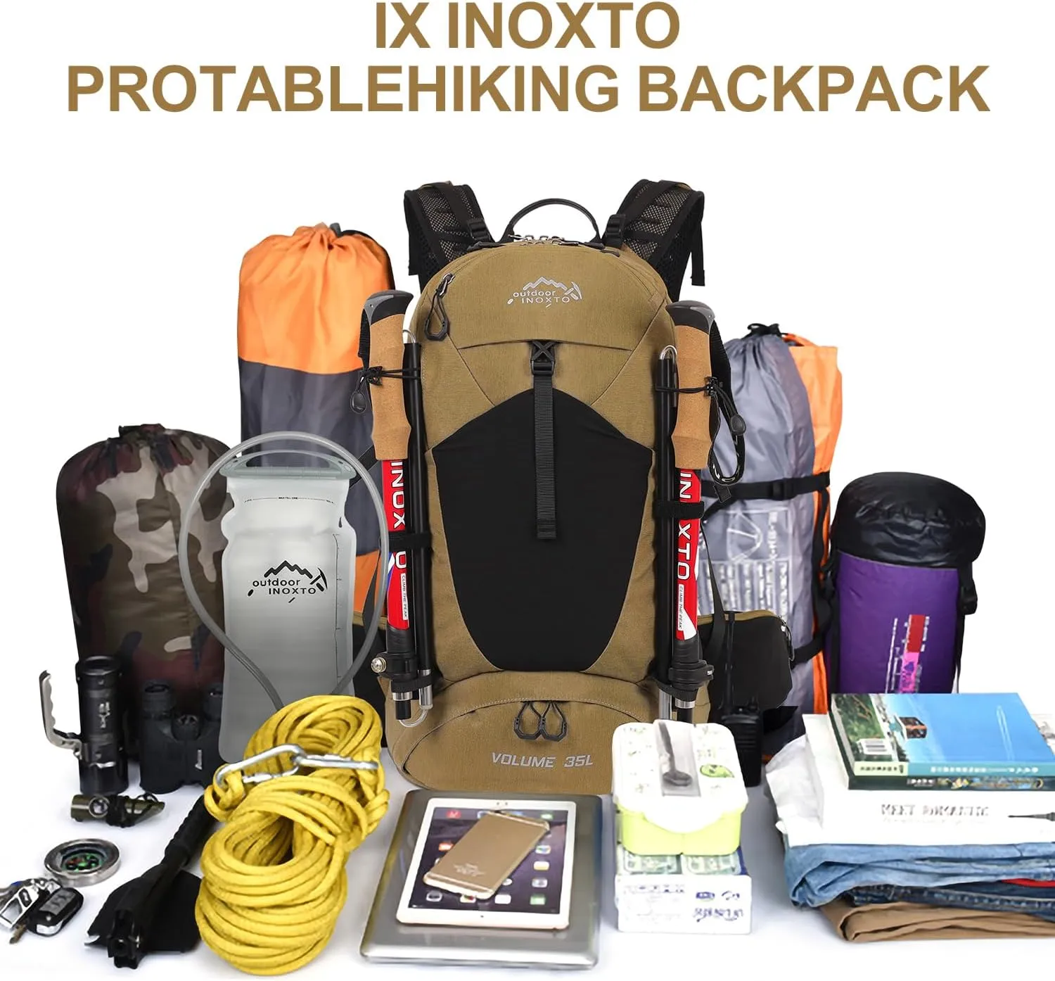 Hiking Backpack,35L Waterproof Hiking Daypack with 3L Water Bladder and Rain Cover, Lightweight Travel Camping Backpack for Men Women (Khaki)