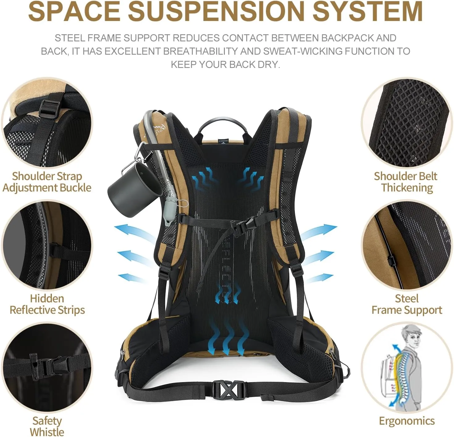 Hiking Backpack,35L Waterproof Hiking Daypack with 3L Water Bladder and Rain Cover, Lightweight Travel Camping Backpack for Men Women (Khaki)