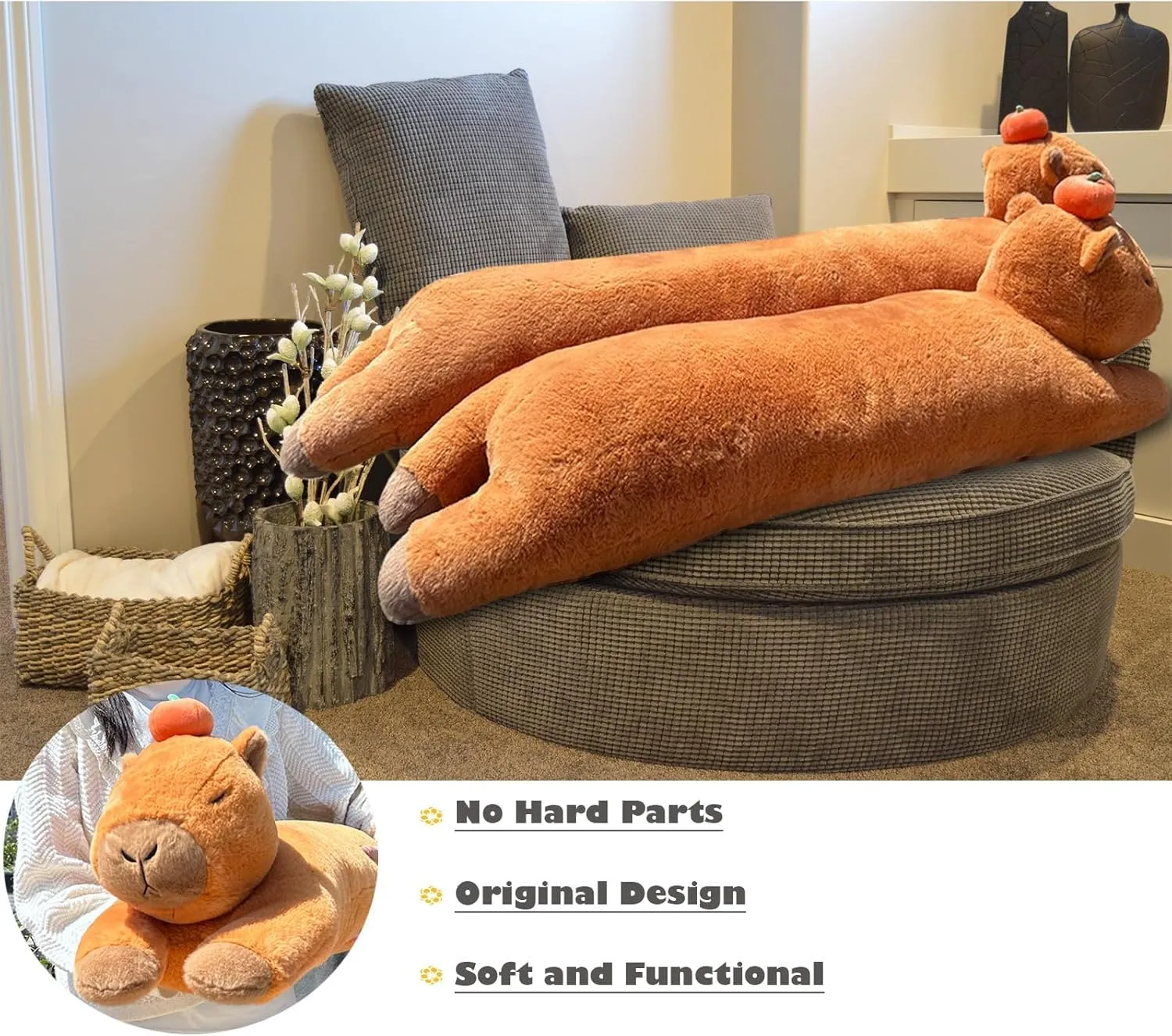 Hofun4U Capybara Plush Pillow, Capybara Stuffed Animal with Persimmon Plush, Capybara Plush Long Body Pillow (47 inch)