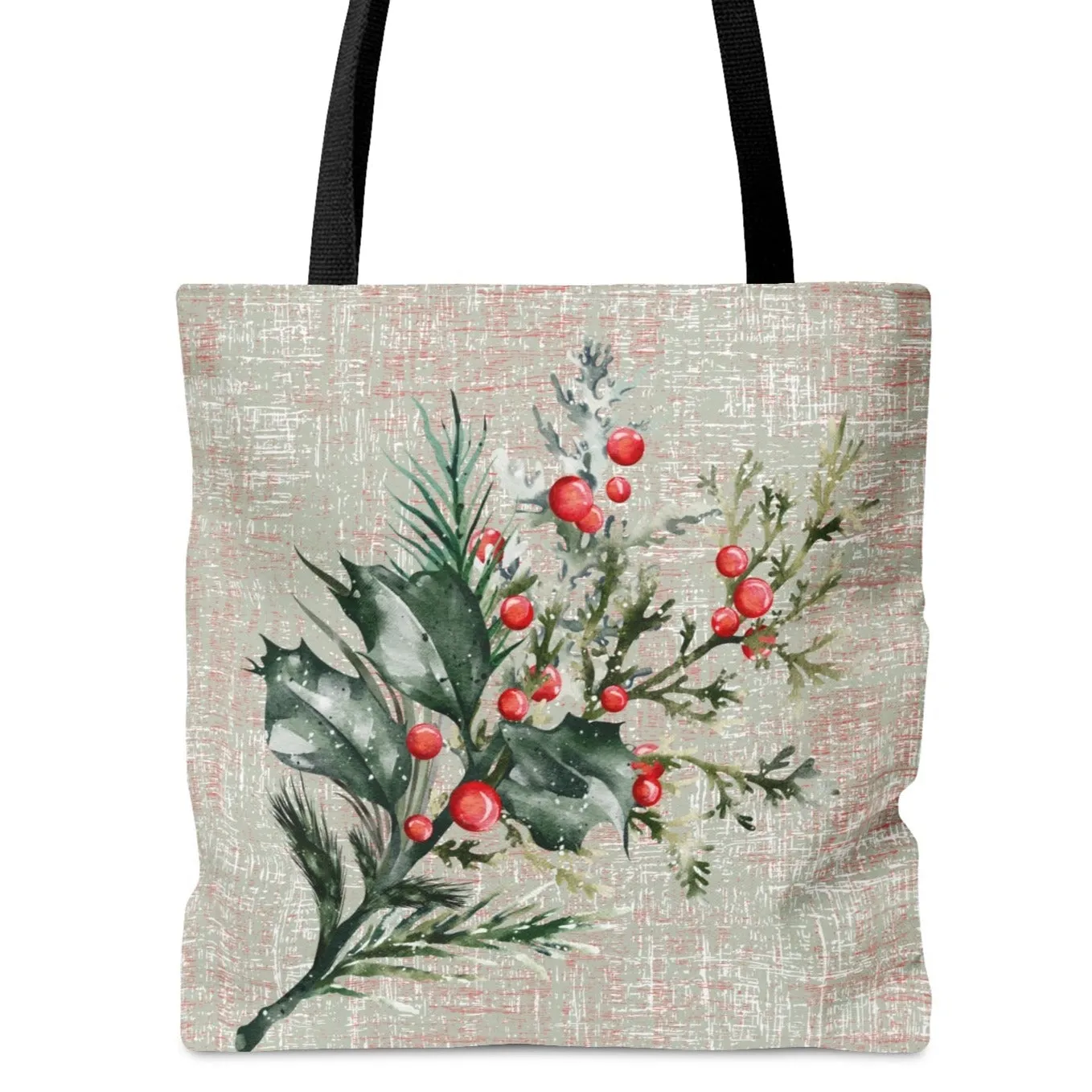 Holly Branch on Elegant Grey Large Tote Bag: Festive Botanical Carryall