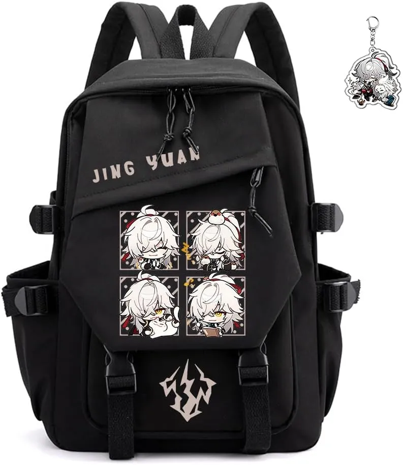 Honkai Star Rail Backpack Women Men Unisex Robin Rucksack Firefly Black Bag HSR Kawaii Anime Backpack (Black-Jing Yuan)