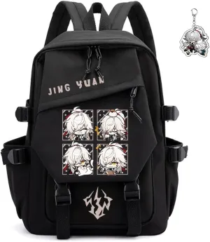 Honkai Star Rail Backpack Women Men Unisex Robin Rucksack Firefly Black Bag HSR Kawaii Anime Backpack (Black-Jing Yuan)