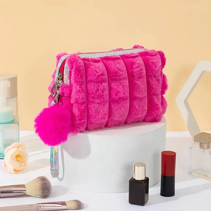 Hot Pink Plush Makeup Bag – Stylish Furry Cosmetic Pouch