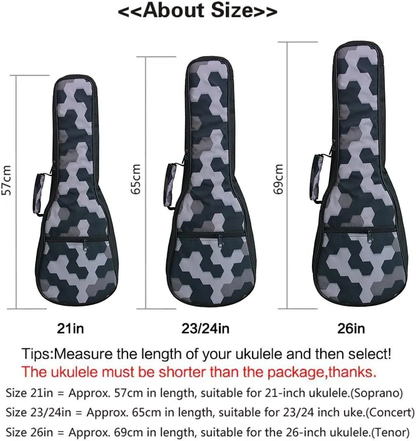 HOT SEAL 10MM Sponge Padding Waterproof Durable Colorful Conventional Ukulele Case Bag with Storage (26 Inch, Black Honeycomb)