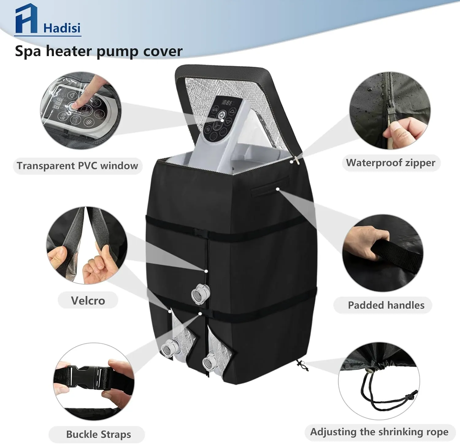 Hot Tub Spa Heater Pump Winter Cover,with Insulation Aluminum Foil and Plush Lining,Waterproof Dustproof Hot Tub Spa Heater Pump Cover(Black,Square)