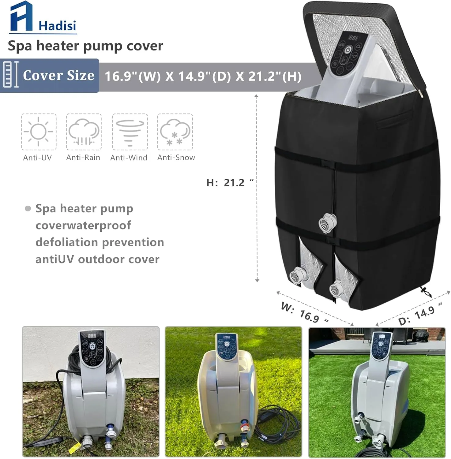 Hot Tub Spa Heater Pump Winter Cover,with Insulation Aluminum Foil and Plush Lining,Waterproof Dustproof Hot Tub Spa Heater Pump Cover(Black,Square)