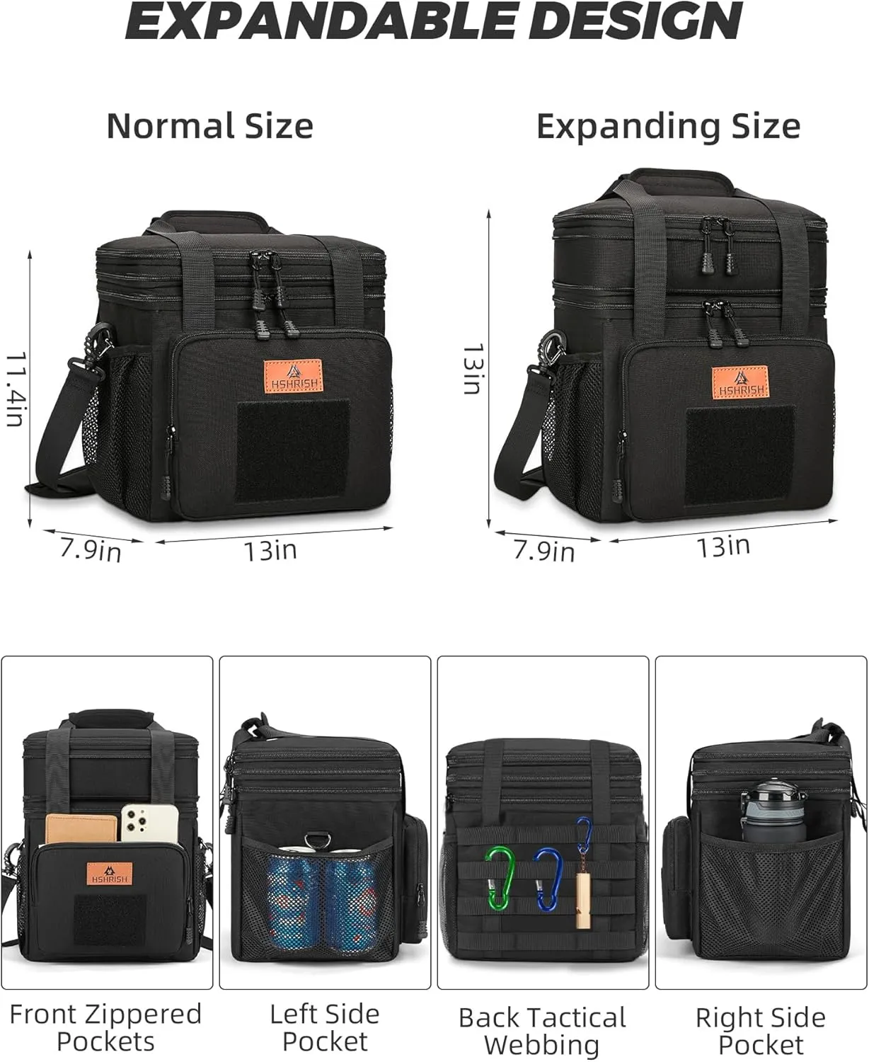 HSHRISH Expandable Xlarge Tactical Lunch Box for Adults, Leakproof Insulated Lunch Bag with Lots of Storage Space, Durable Cooler Bag for Men Women Work Outdoor Picnic Trips, 22L(Black)