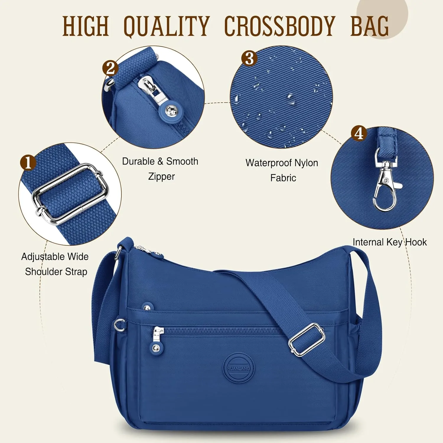 HUANLANG Nylon Crossbody Bags for Women Large Lightweight Travel Purse Women's Pocketbooks Multi Pocket Shoulder Bag