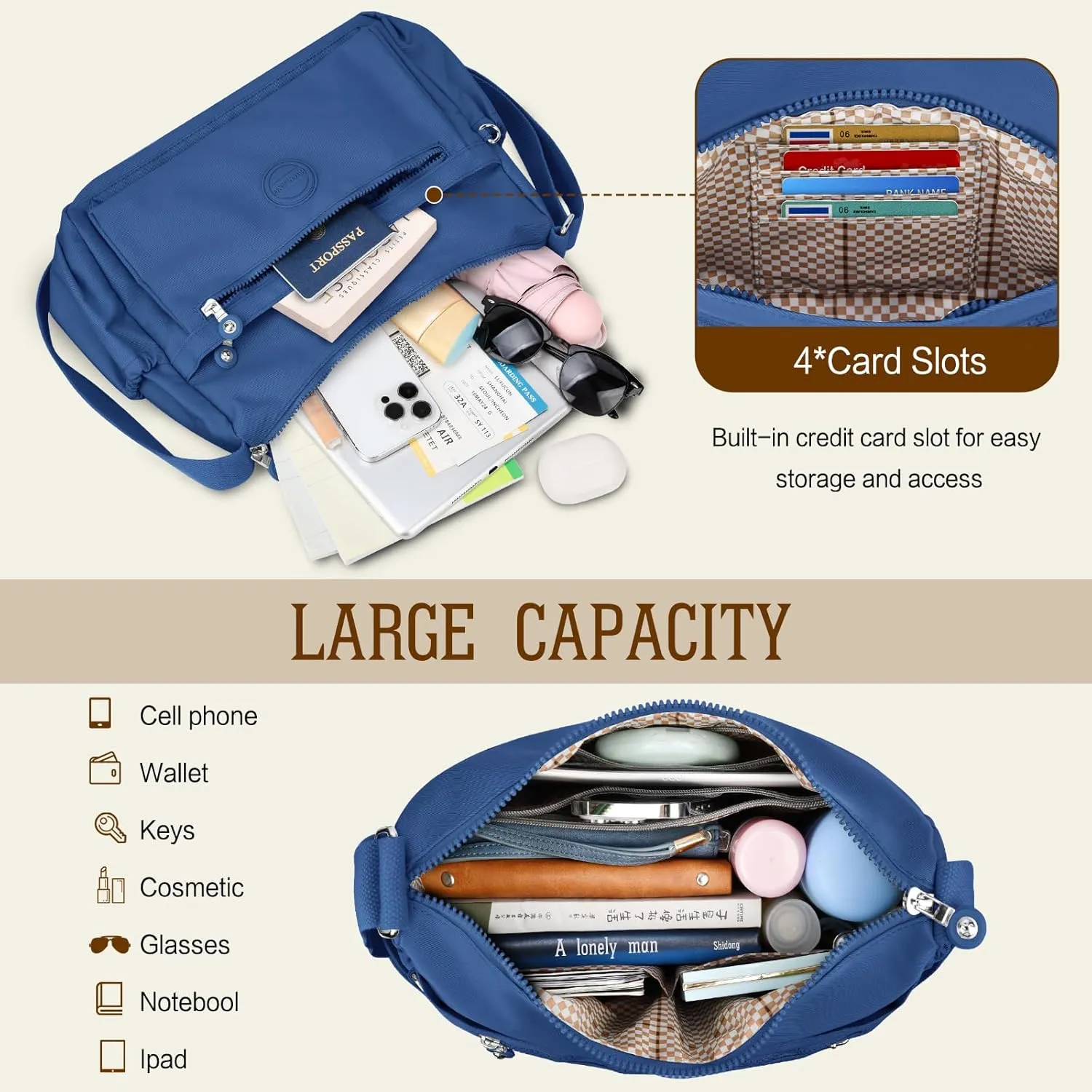HUANLANG Nylon Crossbody Bags for Women Large Lightweight Travel Purse Women's Pocketbooks Multi Pocket Shoulder Bag