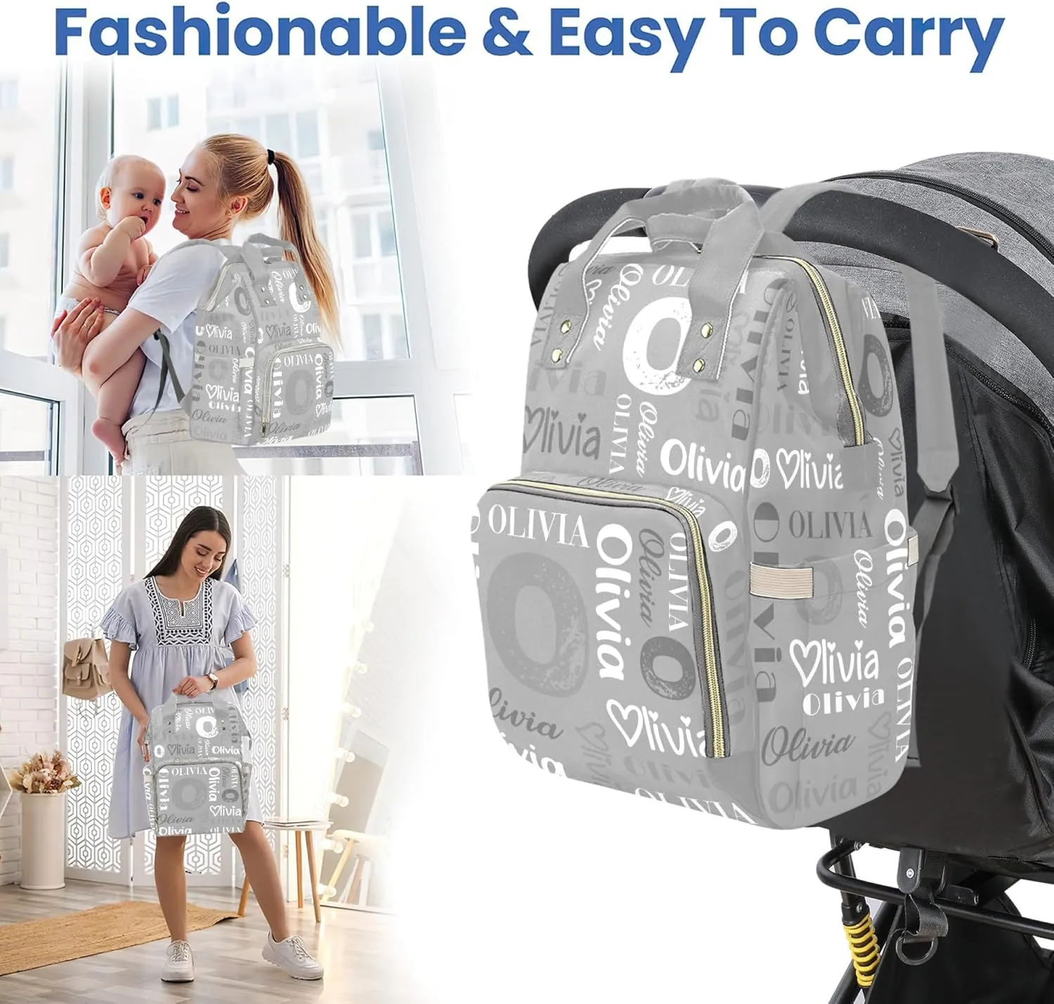 HUTARIO Custom Diaper Bag for Boy Girl Personalized Nylon Mommy Backpack with Name, Waterproof, Multifunctional
