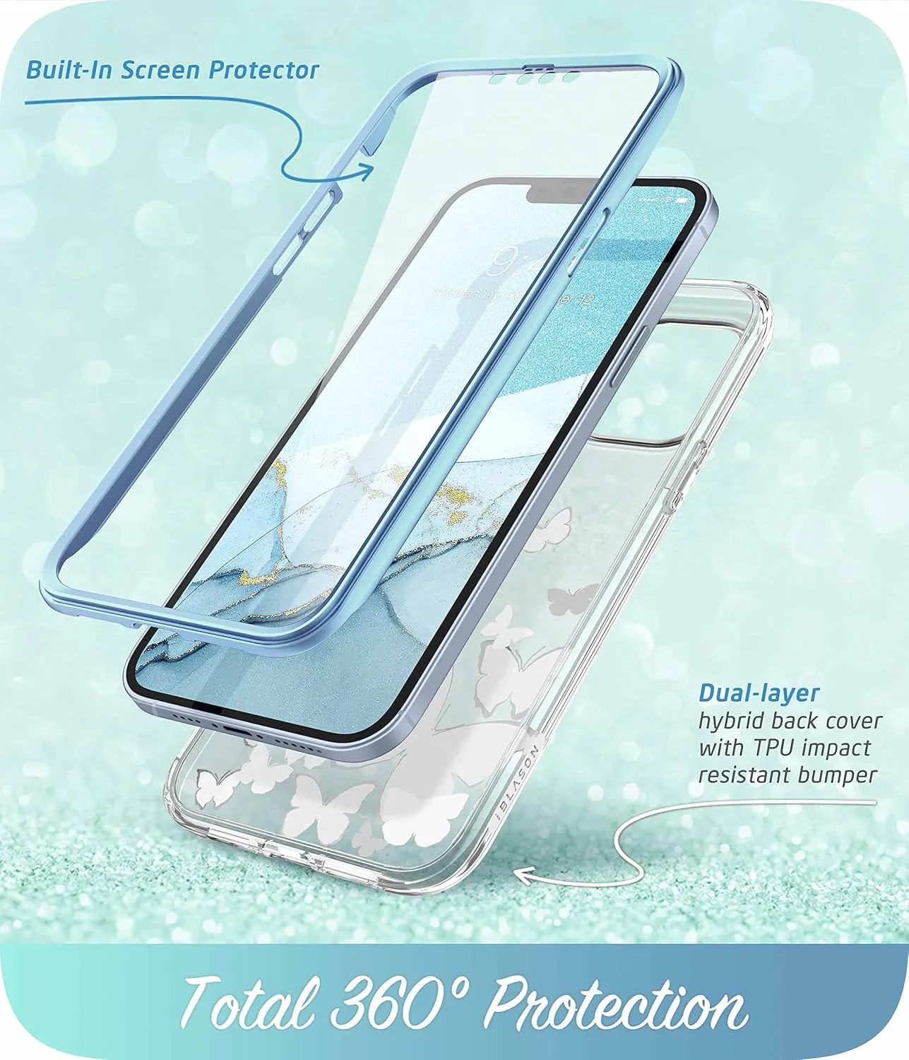 i-Blason Cosmo for iPhone 14/13 Case with Built-in Screen Protector, Slim Full-Body Protective Phone Case for iPhone 14/13 6.1'', Bluefly