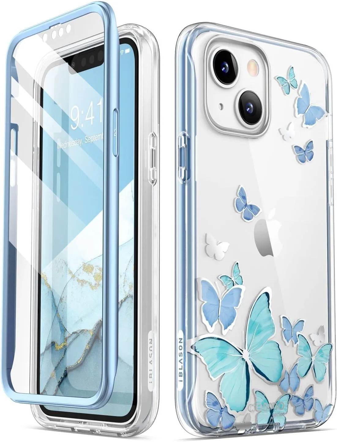 i-Blason Cosmo Series Case for iPhone 13 5G 6.1 inch (2021 Release), Slim Full-Body Stylish Protective Case with Built-in Screen Protector (BlueFly)
