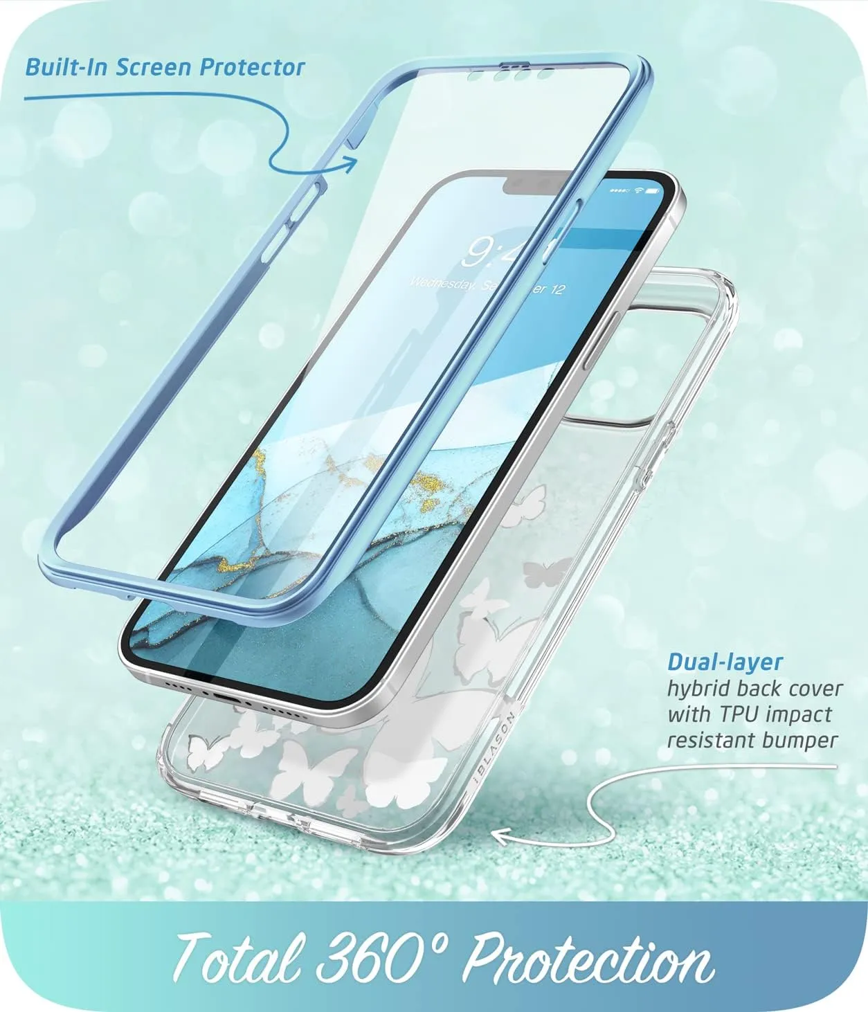 i-Blason Cosmo Series Case for iPhone 13 5G 6.1 inch (2021 Release), Slim Full-Body Stylish Protective Case with Built-in Screen Protector (BlueFly)