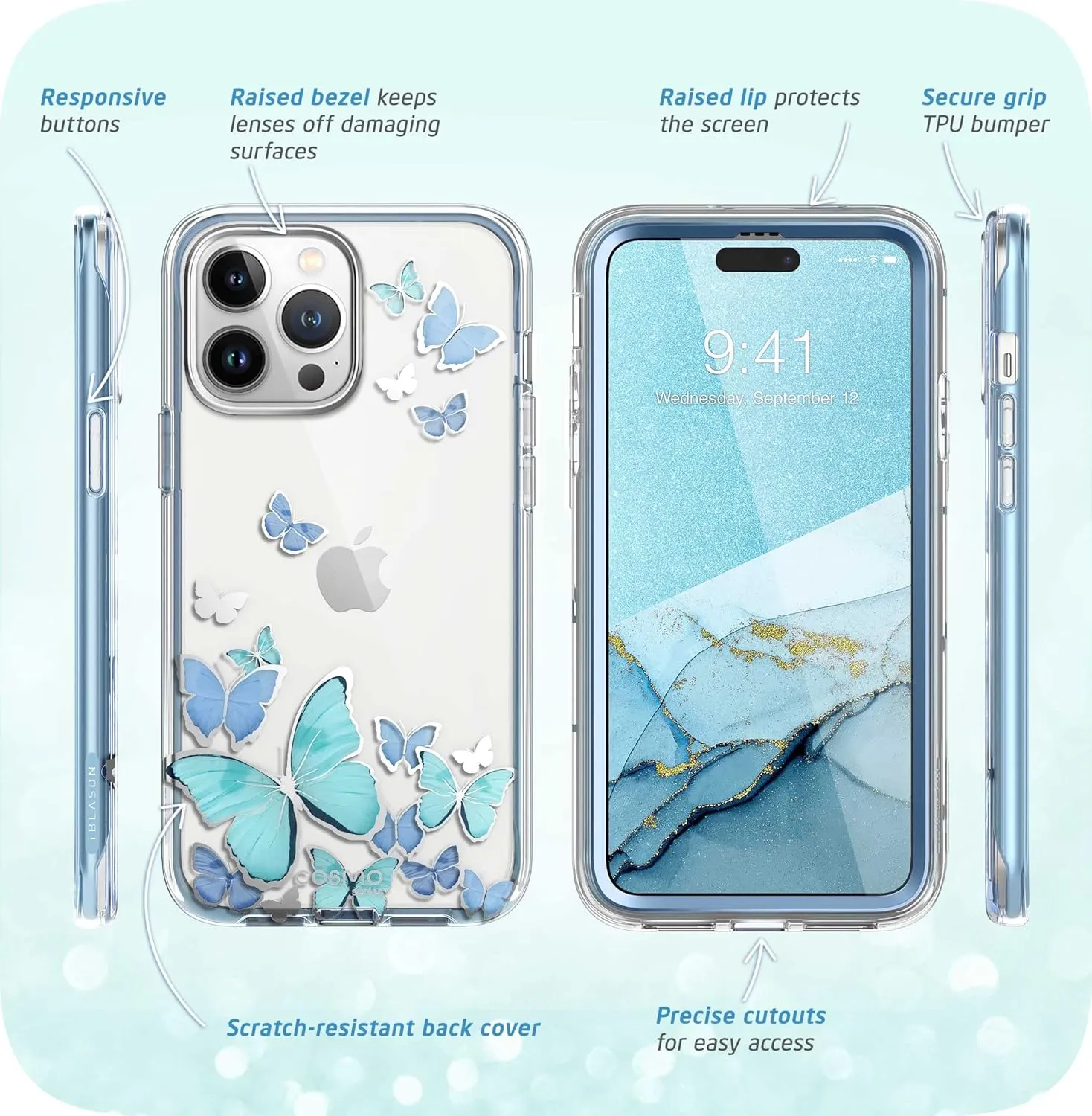 i-Blason Cosmo Series for iPhone 14 Pro Max Case 6.7 inch (2022), Slim Full-Body Stylish Protective Case with Built-in Screen Protector (Bluefly)