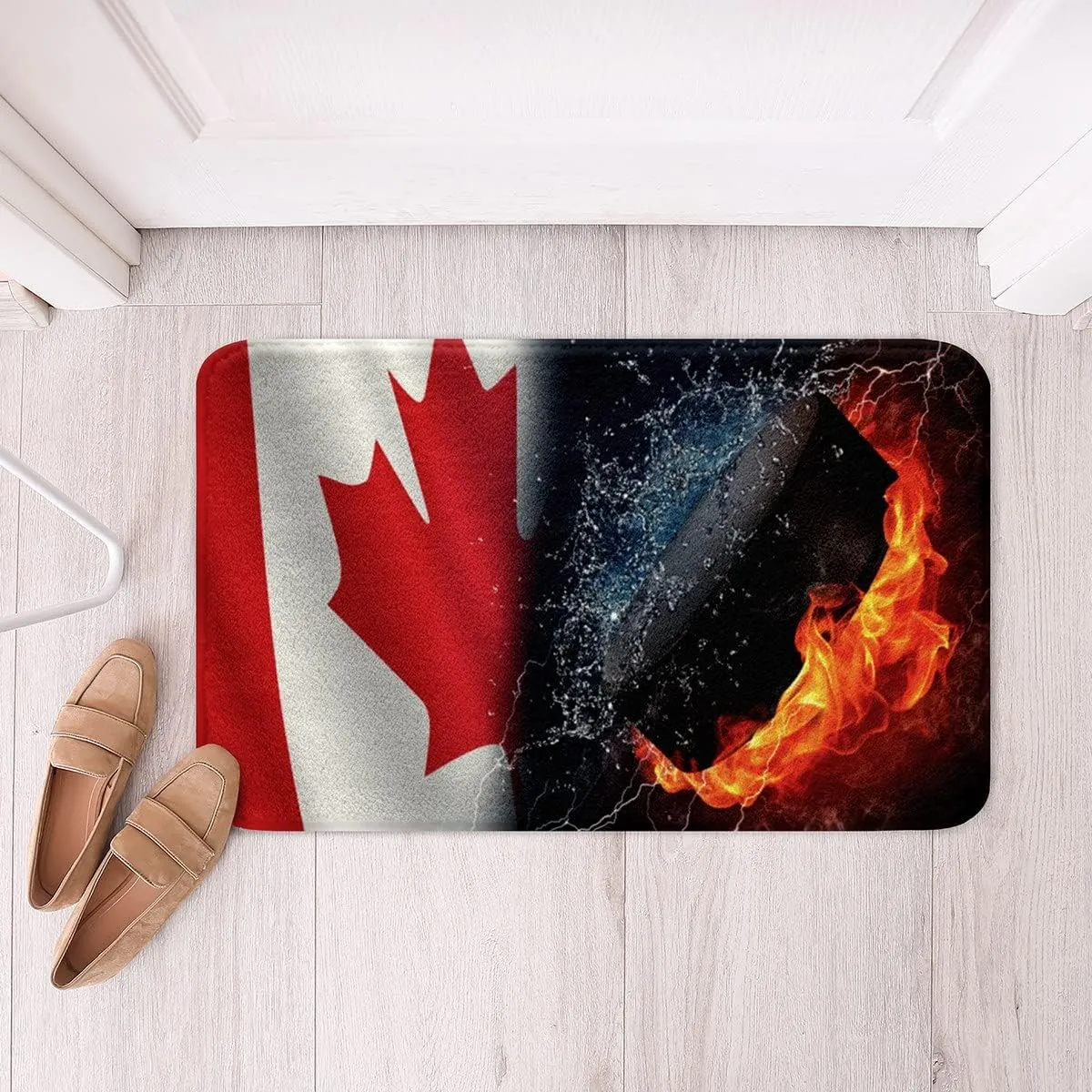 Ice Hockey Throw Rugs,Puck Hockey Winter Extreme Sport Game Red Flames and Blue Water Puck Hockey Doormat for Bathroom Decor,Canada Flag Black and White Couple Carpetches 24x16 Inch