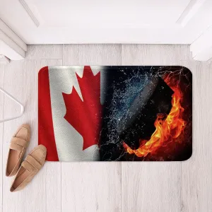 Ice Hockey Throw Rugs,Puck Hockey Winter Extreme Sport Game Red Flames and Blue Water Puck Hockey Doormat for Bathroom Decor,Canada Flag Black and White Couple Carpetches 24x16 Inch