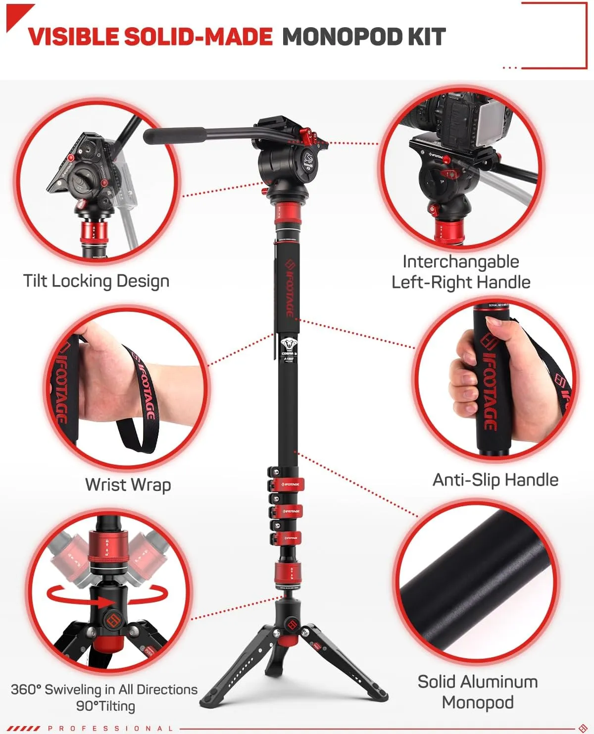 IFOOTAGE 71" Aluminum Monopod Kit, Cobra 3 A180F   Komodo K5, Professional Video Set With Head for DSLR Cameras, Portable Travel Monopod Compatible With Sony Canon Nikon