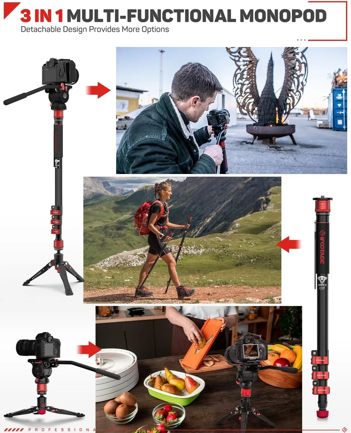 IFOOTAGE 71" Aluminum Monopod Kit, Cobra 3 A180F   Komodo K5, Professional Video Set With Head for DSLR Cameras, Portable Travel Monopod Compatible With Sony Canon Nikon