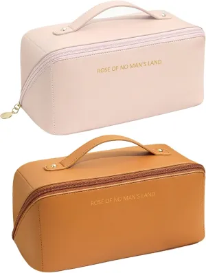 ikaufen 2 Pack Large Capacity Travel Cosmetic Bag, Makeup Bag, Multifunctional Storage Waterproof Portable PU Leather Makeup Organizer Bag with Dividers and Handle (Pink, Brown)