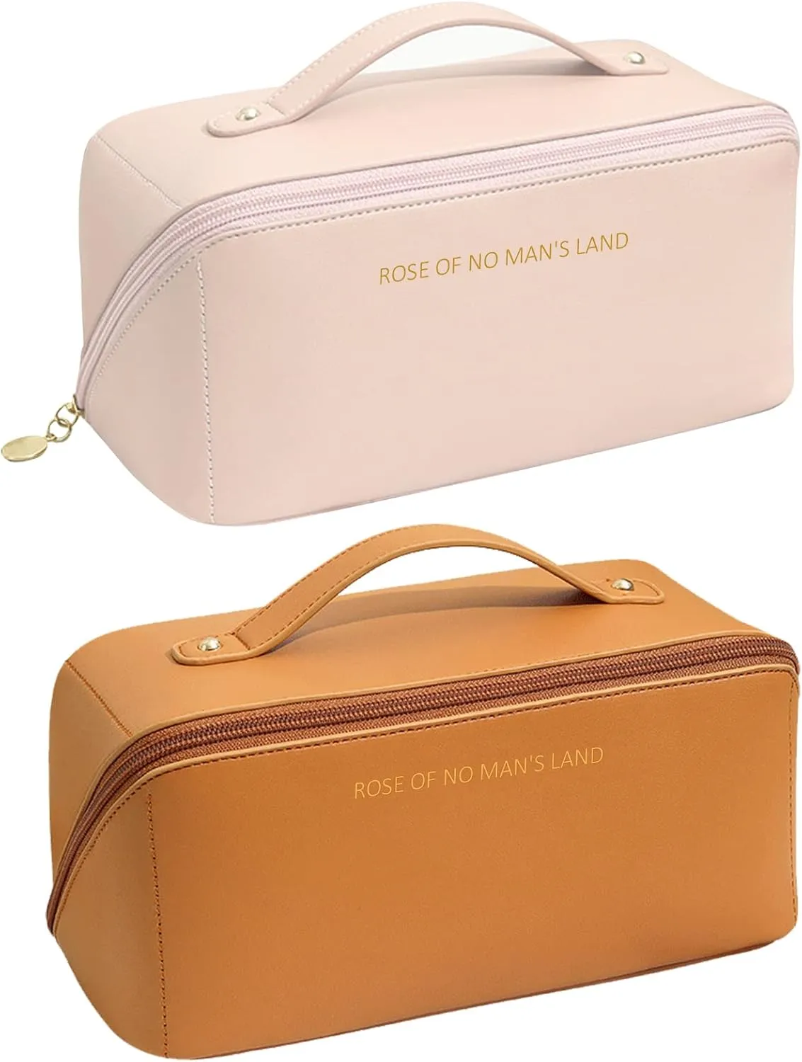 ikaufen 2 Pack Large Capacity Travel Cosmetic Bag, Makeup Bag, Multifunctional Storage Waterproof Portable PU Leather Makeup Organizer Bag with Dividers and Handle (Pink, Brown)