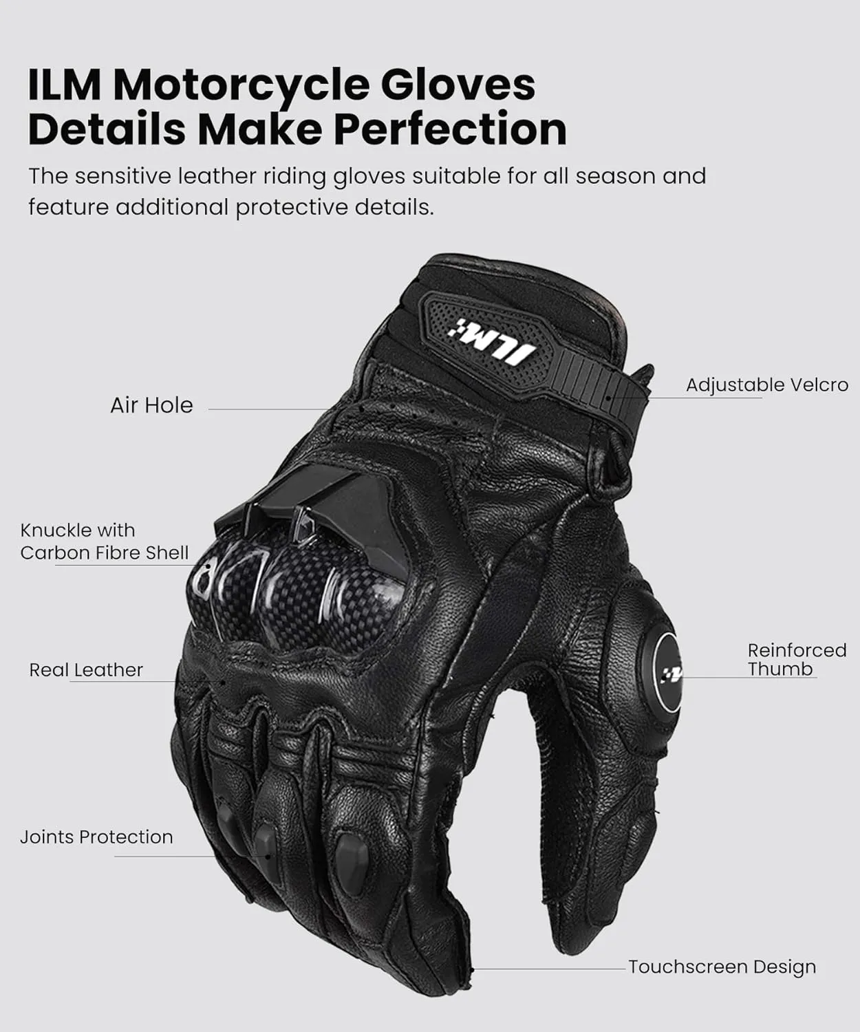 ILM Air Flow Leather Motorcycle Gloves Touchscreen for Men and Women Model-GRC01 (M, Black)